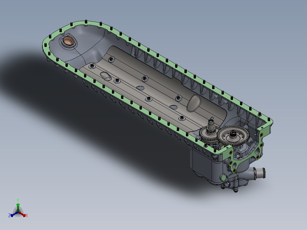 带清除剂和压力泵及齿轮的下曲轴箱组件正等轴测图