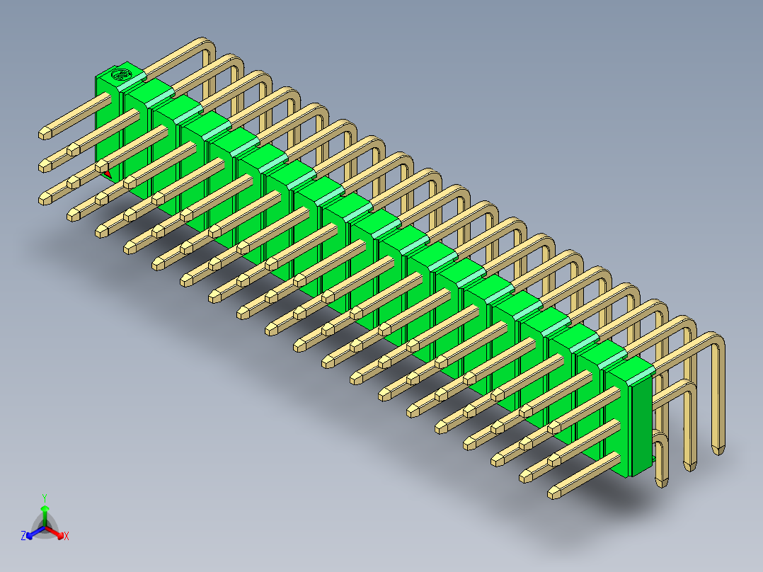 彩色公排针 100mil 2.54mm 系列-DS1022_green_3x19p_100mil_TypeD_rev1.0正等轴测图
