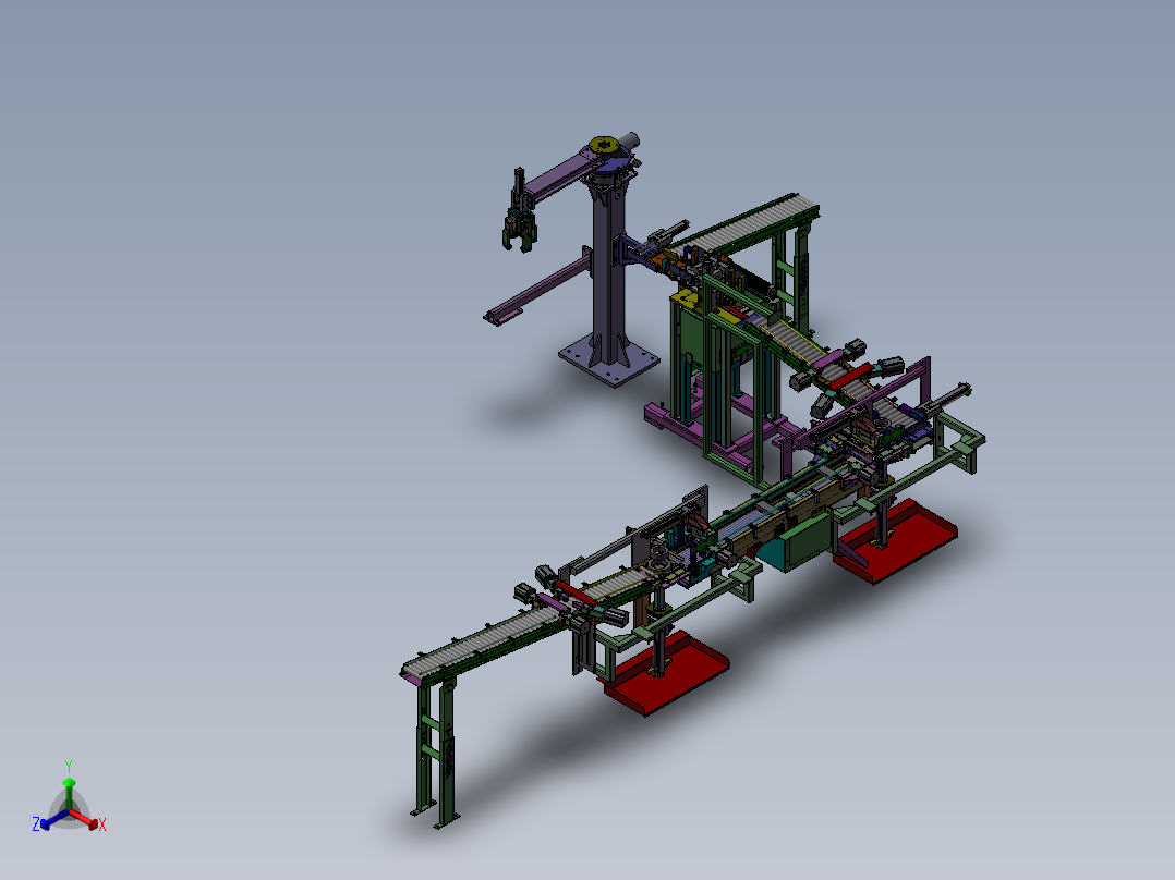 滚筒输送机及相关设备组成的大型流水线正等轴测图