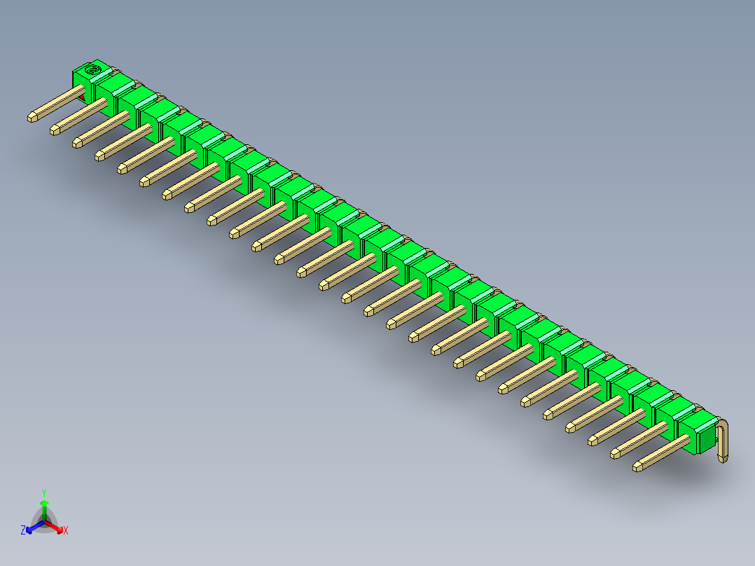 彩色公排针 100mil 2.54mm 系列-DS1022_green_1x28p_100mil_TypeD_rev1.0正等轴测图