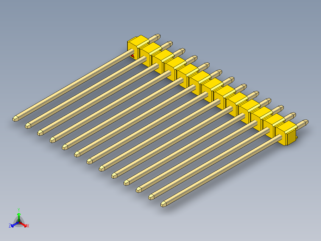 彩色公头100mil（2.54mm）系列-DS1021_yellow_1x13p_100mil_Type43_rev1.0正等轴测图