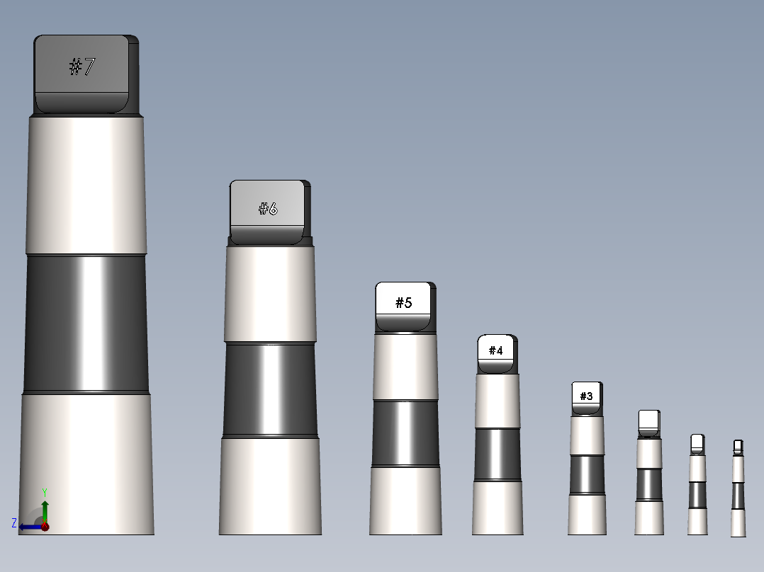 从#0到#7的莫氏锥度集合右视图