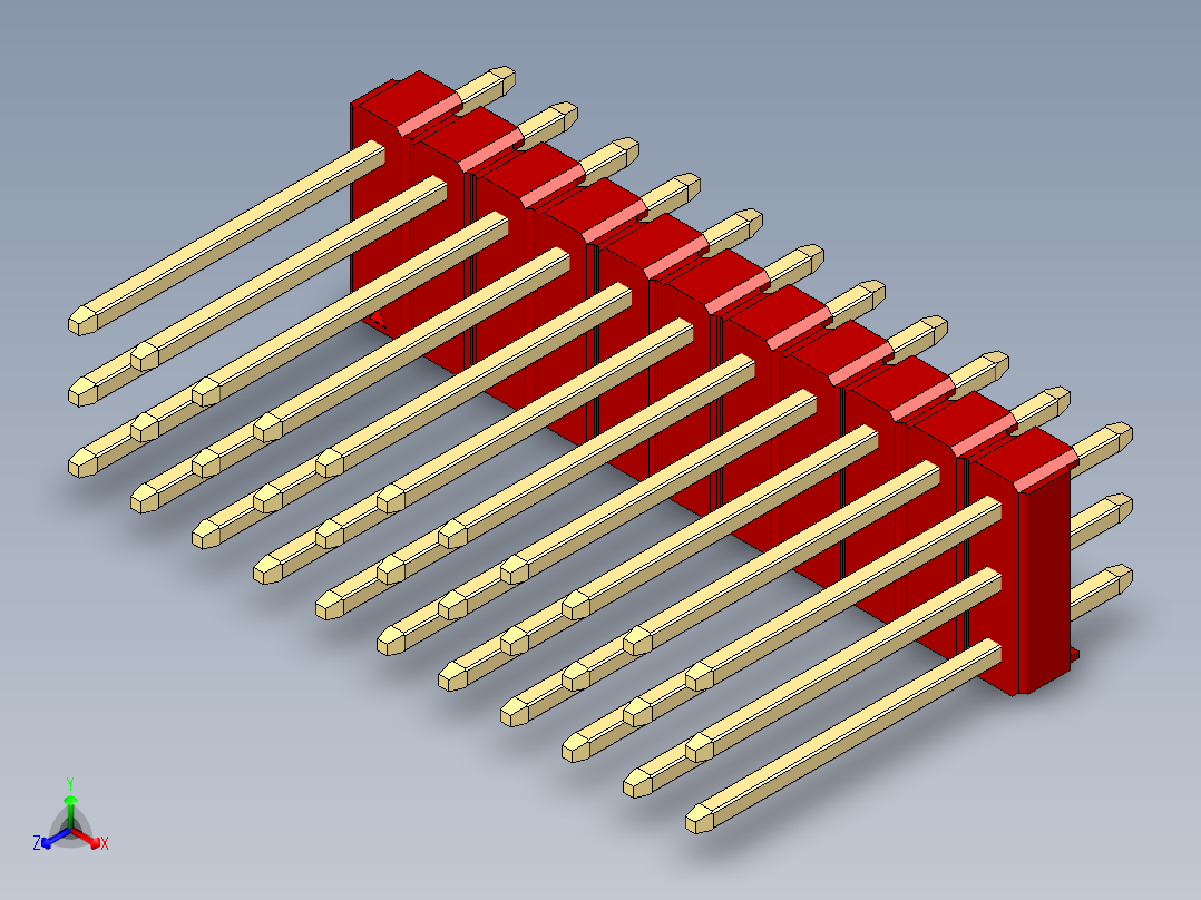 彩色公头100mil（2.54mm）系列-DS1021_red_3x11p_100mil_Type5_rev1.0正等轴测图