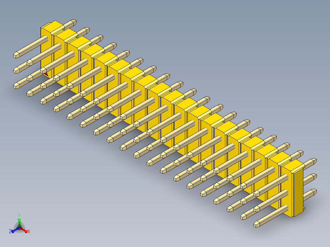 彩色公头100mil（2.54mm）系列-DS1021_yellow_3x19p_100mil_Type1_rev1.0正等轴测图