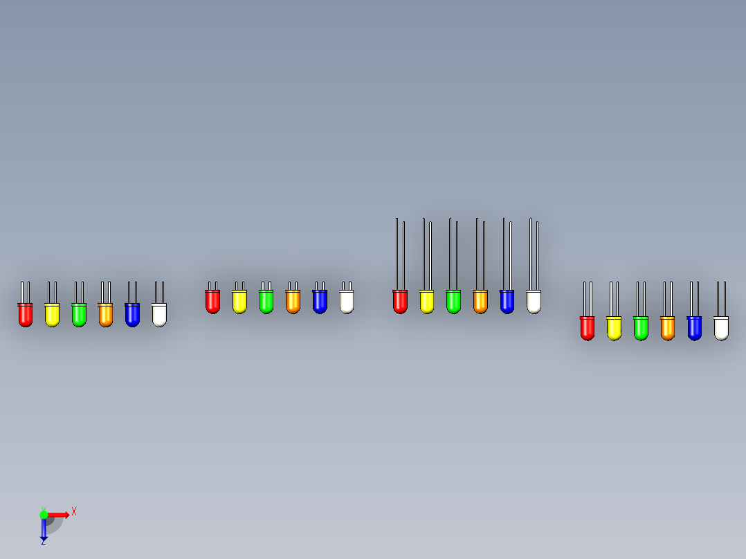 直径为5毫米、不同颜色和引脚长度的LED。间距2.54毫米俯视图