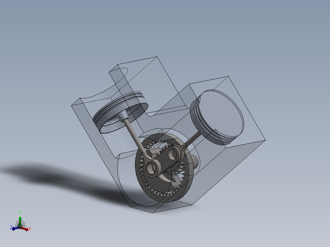 这是一个V型双引擎利用齿轮和曲柄产生直线运动