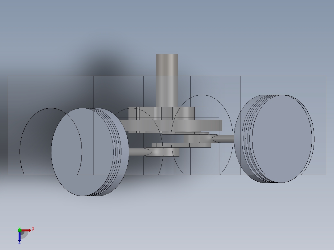这是一个V型双引擎利用齿轮和曲柄产生直线运动俯视图