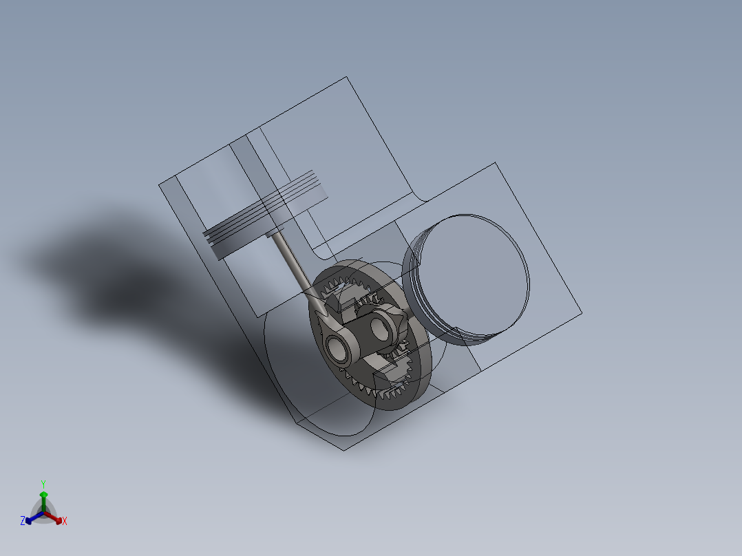 这是一个V型双引擎利用齿轮和曲柄产生直线运动正等轴测图