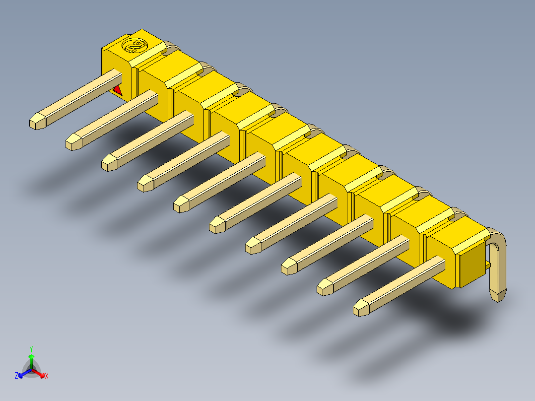 彩色公排针 100mil 2.54mm 系列-DS1022_yellow_1x10p_100mil_TypeD_rev1.0正等轴测图