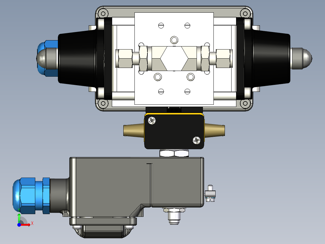 带气动执行器和3-2通阀的2通球阀前视图