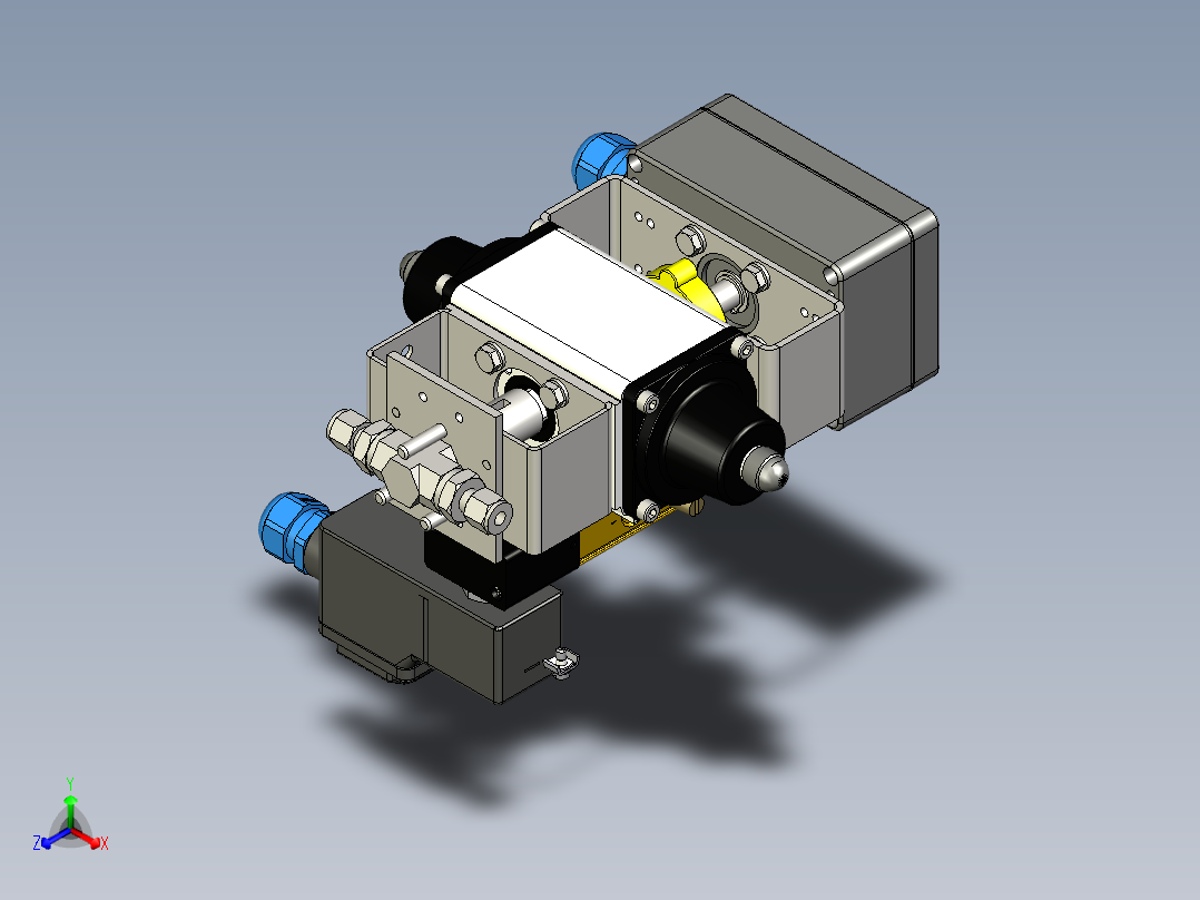 带气动执行器和3-2通阀的2通球阀正等轴测图