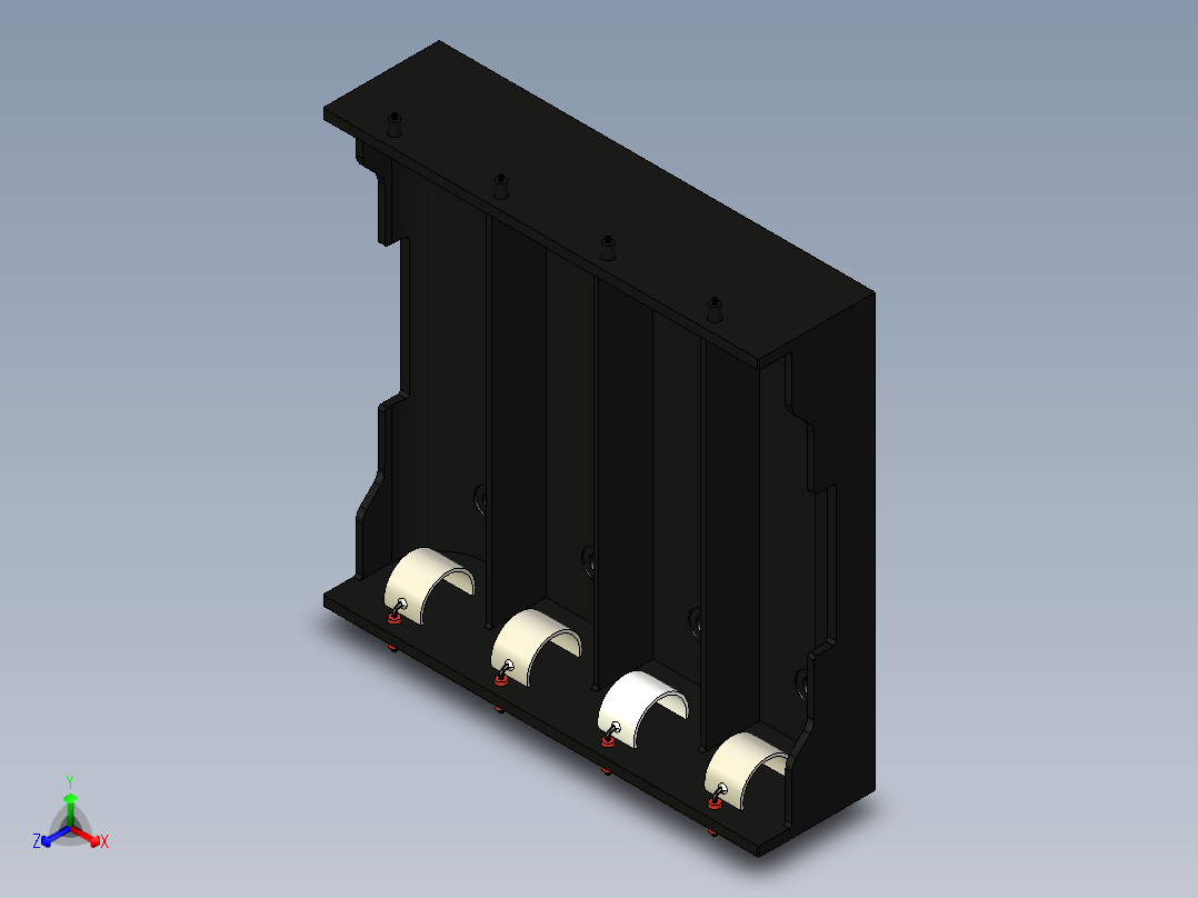 4 x 18650电池座。每个电池槽的单独导线，通常用于并联电池。带有M3（或#4）低头螺钉的安装支架孔。电池通过弹簧钢触点固定和接触正等轴测图