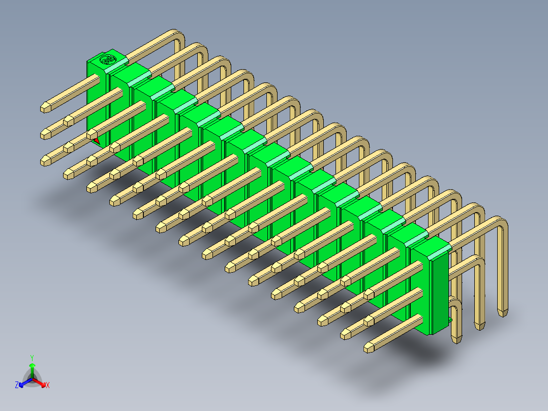 彩色公排针 100mil 2.54mm 系列-DS1022_green_3x15p_100mil_TypeD_rev1.0正等轴测图