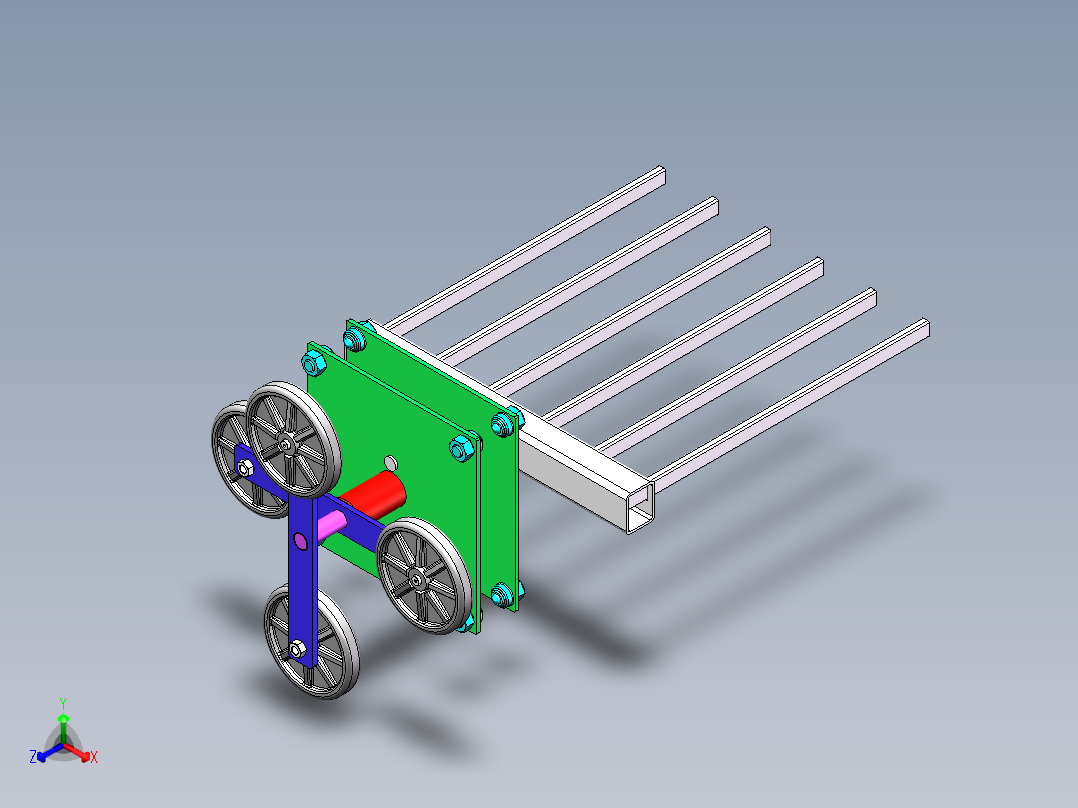 基于叉齿型循环结构的轻载箱货提升机正等轴测图