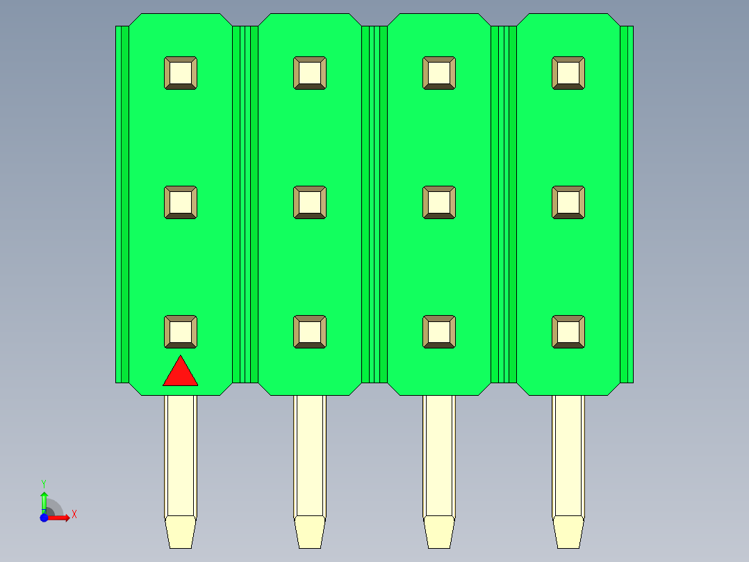 彩色公排针 100mil 2.54mm 系列-DS1022_green_3x04p_100mil_TypeD_rev1.0前视图