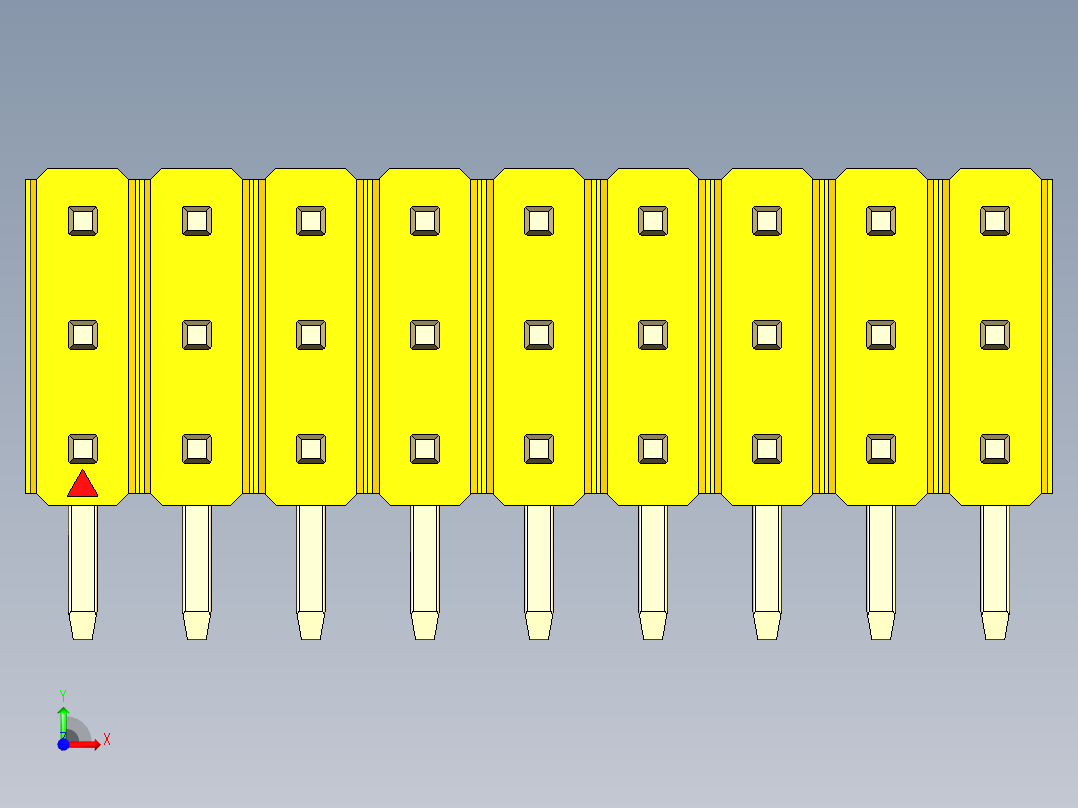 彩色公排针 100mil 2.54mm 系列-DS1022_yellow_3x09p_100mil_TypeD_rev1.0前视图