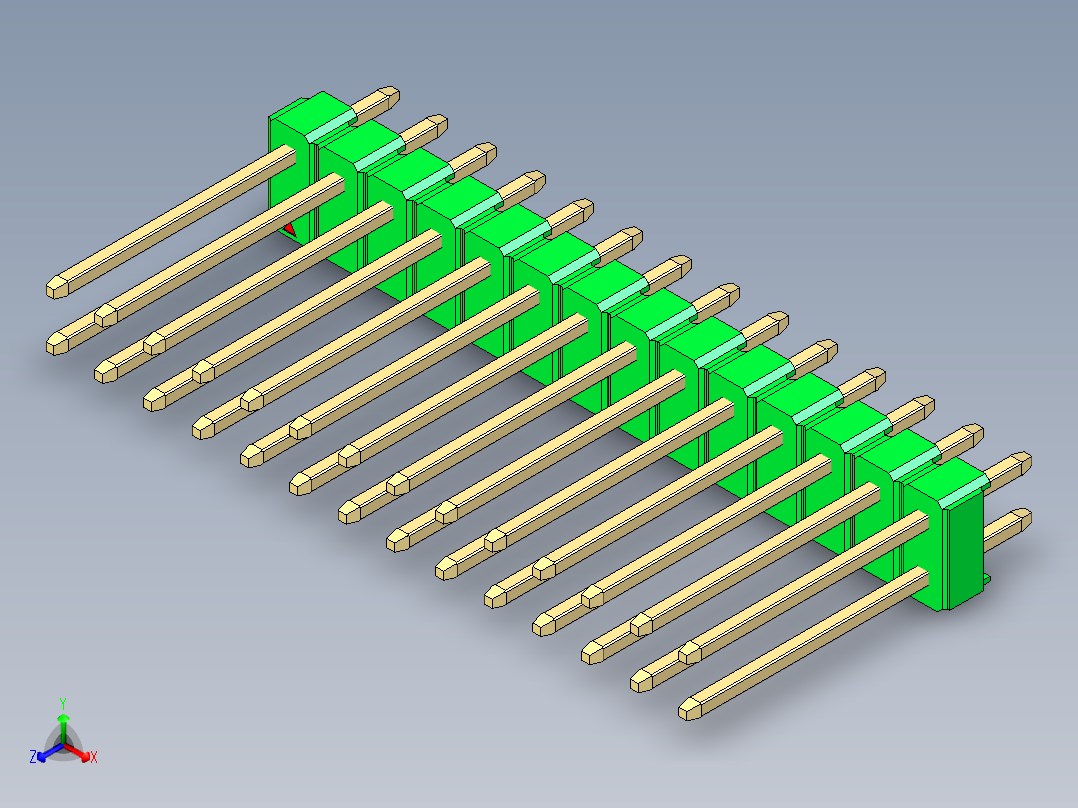 彩色公头100mil（2.54mm）系列-DS1021_green_2x14p_100mil_Type5_rev1.0正等轴测图