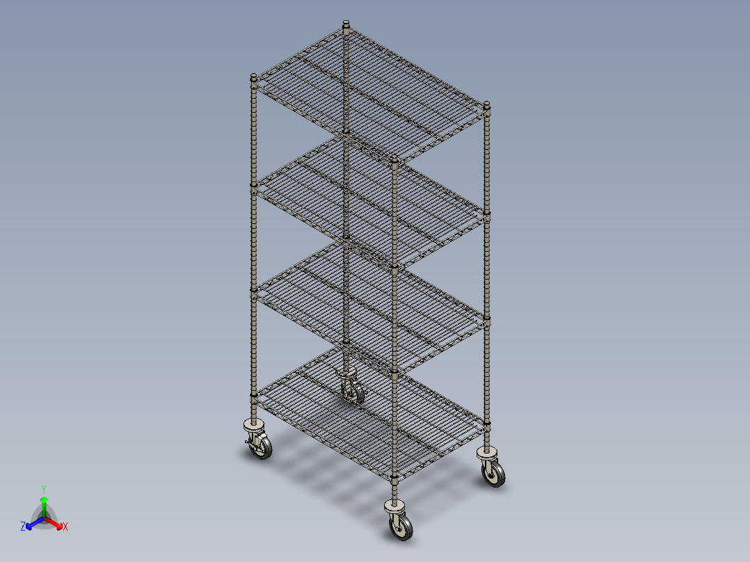 重型不锈钢钢丝架-移动式(带橡胶轮)正等轴测图