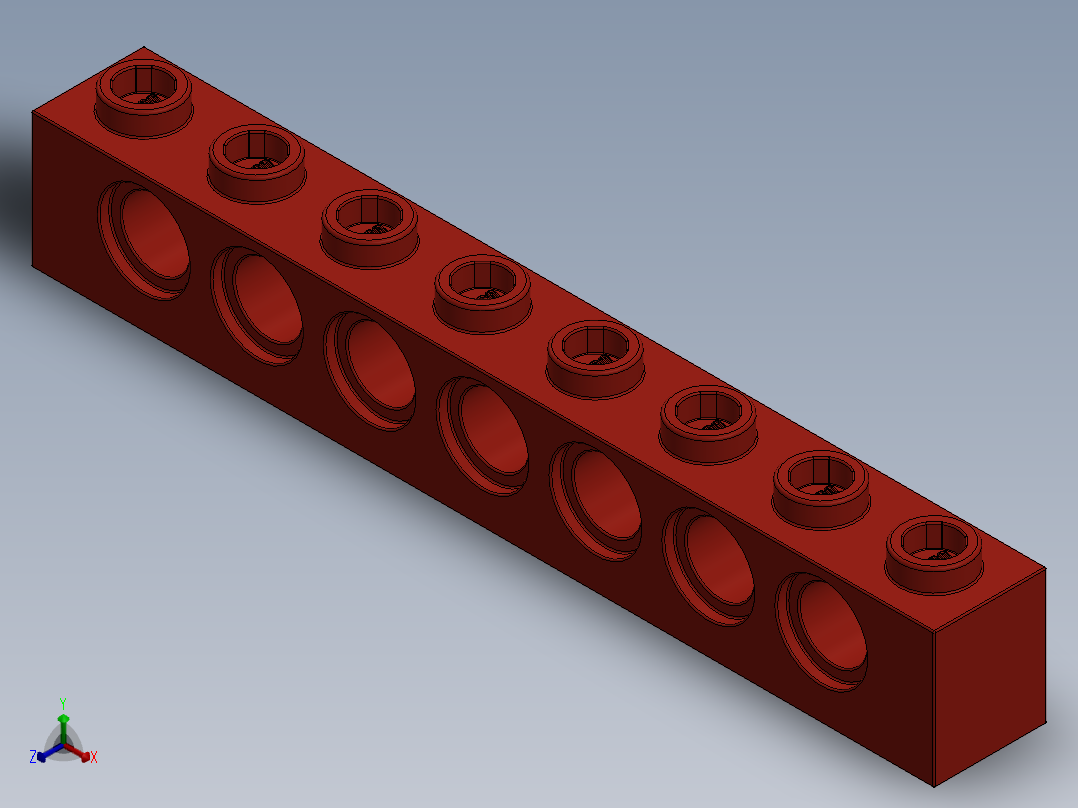 乐高机械组积木（横梁）-370221 Bright Red Technic Brick 1 x 8 with Holes正等轴测图