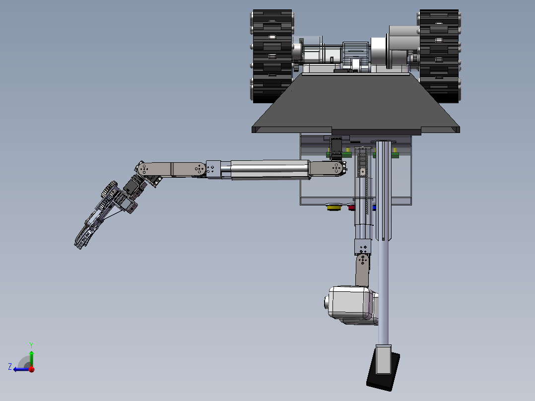 水果采摘机器人3d图纸cad多轴机械臂采摘机3d模型 履带式机器人3D右视图