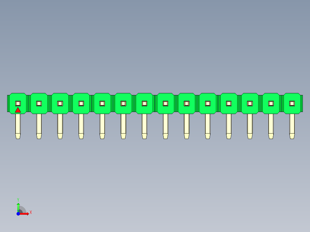 彩色公排针 100mil 2.54mm 系列-DS1022_green_1x14p_100mil_TypeD_rev1.0前视图
