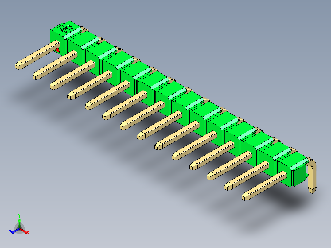 彩色公排针 100mil 2.54mm 系列-DS1022_green_1x14p_100mil_TypeD_rev1.0正等轴测图
