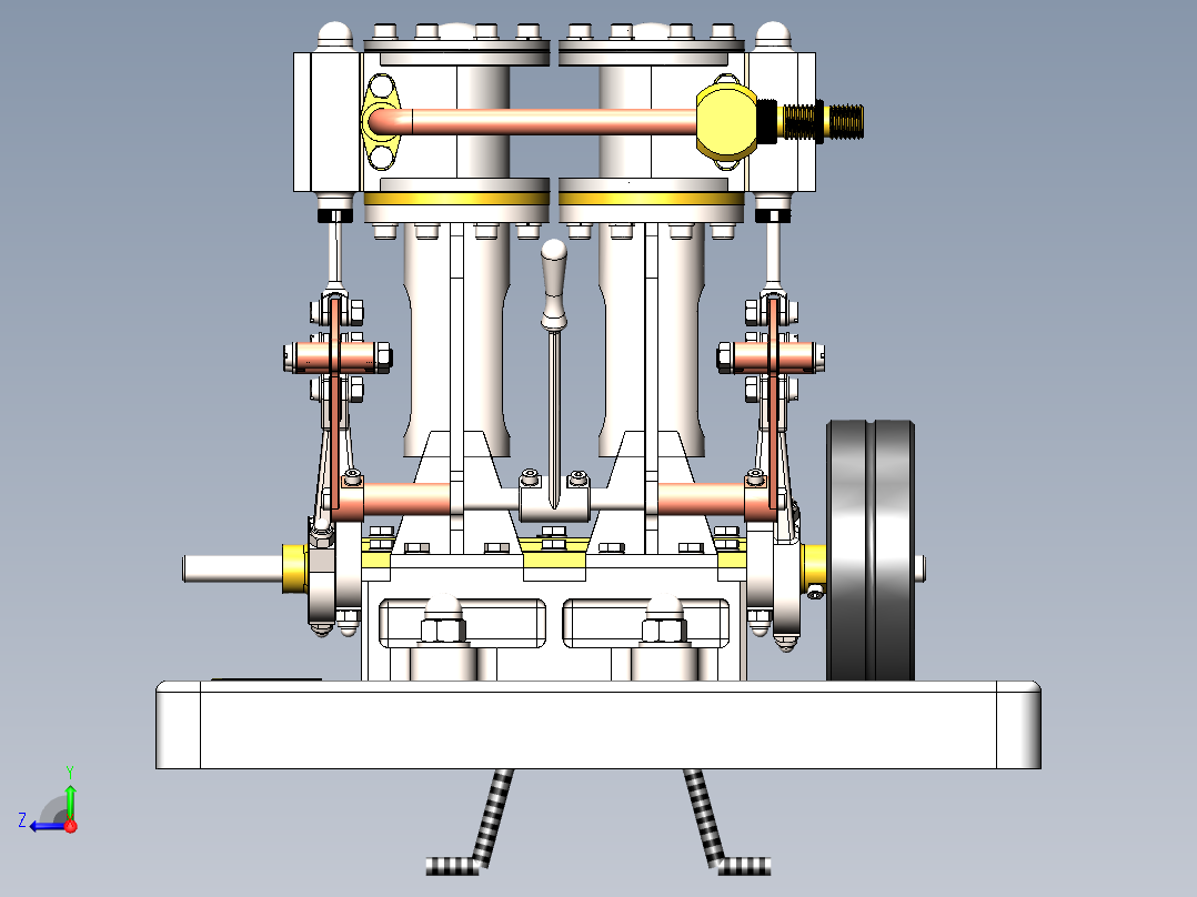 垂直双蒸汽机反向齿轮 斯特林发动机SolidWorks igs 带二维pdf图纸右视图