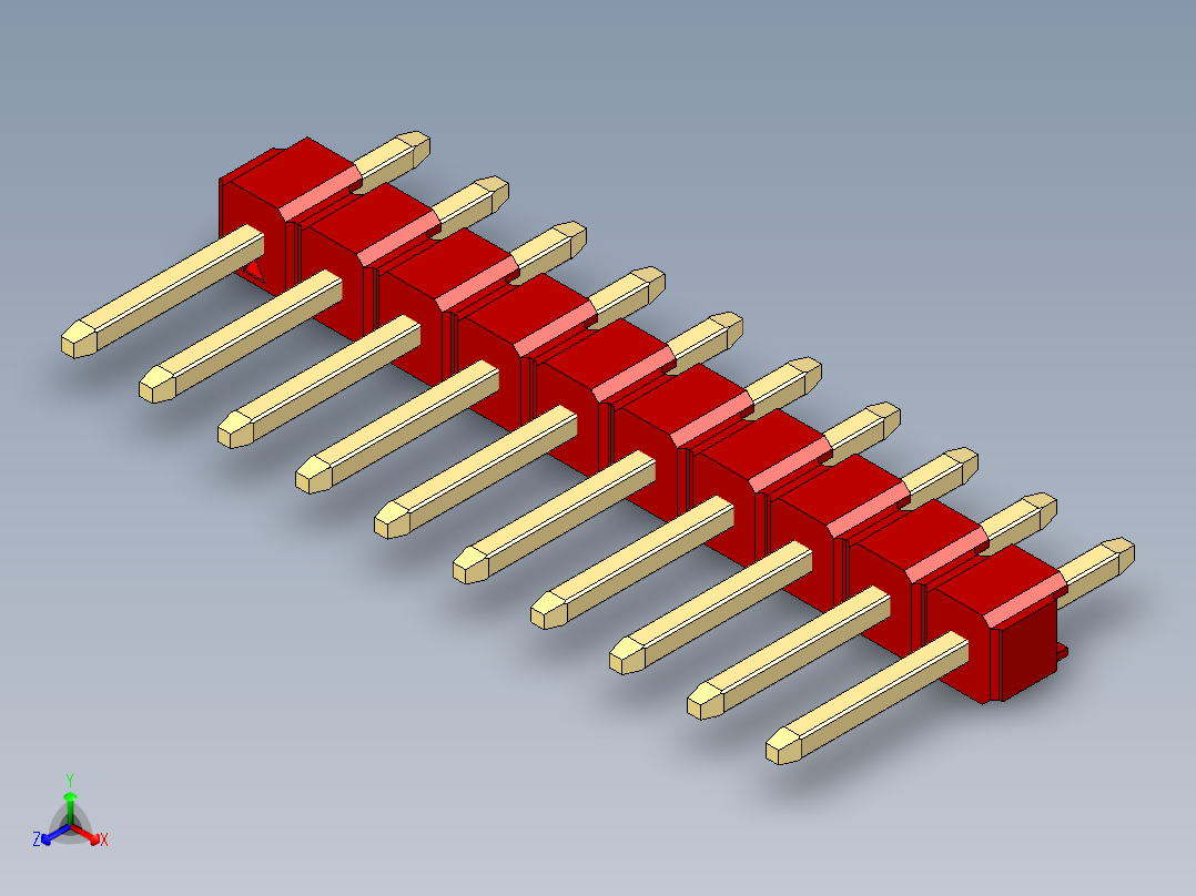彩色公头100mil（2.54mm）系列-DS1021_red_1x10p_100mil_Type1_rev1.0正等轴测图