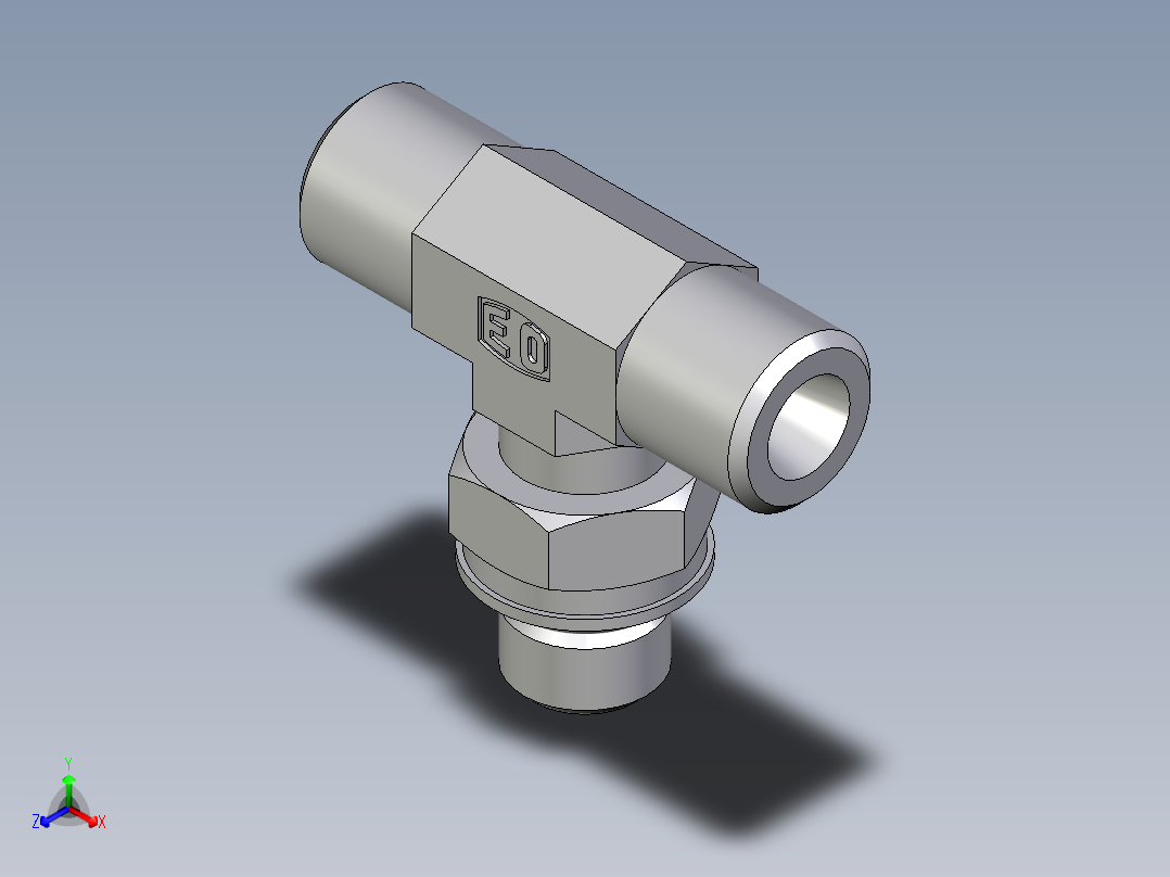 卡套式工业通用硬管接头EO_Adjustable_locknut_branch_tee_TEE06SMOROMDCF正等轴测图