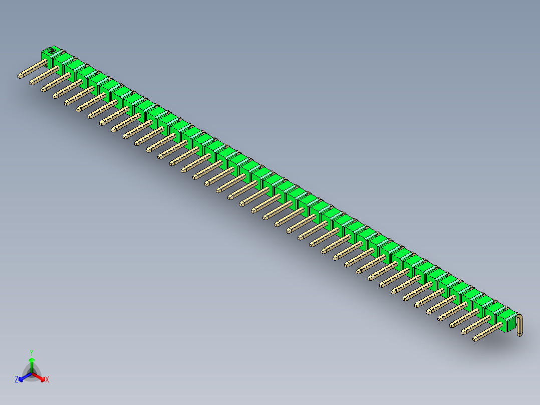 彩色公排针 100mil 2.54mm 系列-DS1022_green_1x40p_100mil_TypeD_rev1.0正等轴测图