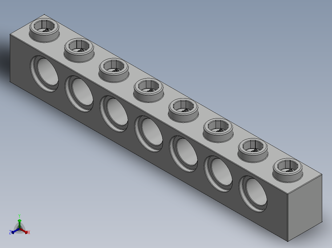 乐高机械组积木（横梁）-370201 White Technic Brick 1 x 8 with Holes正等轴测图