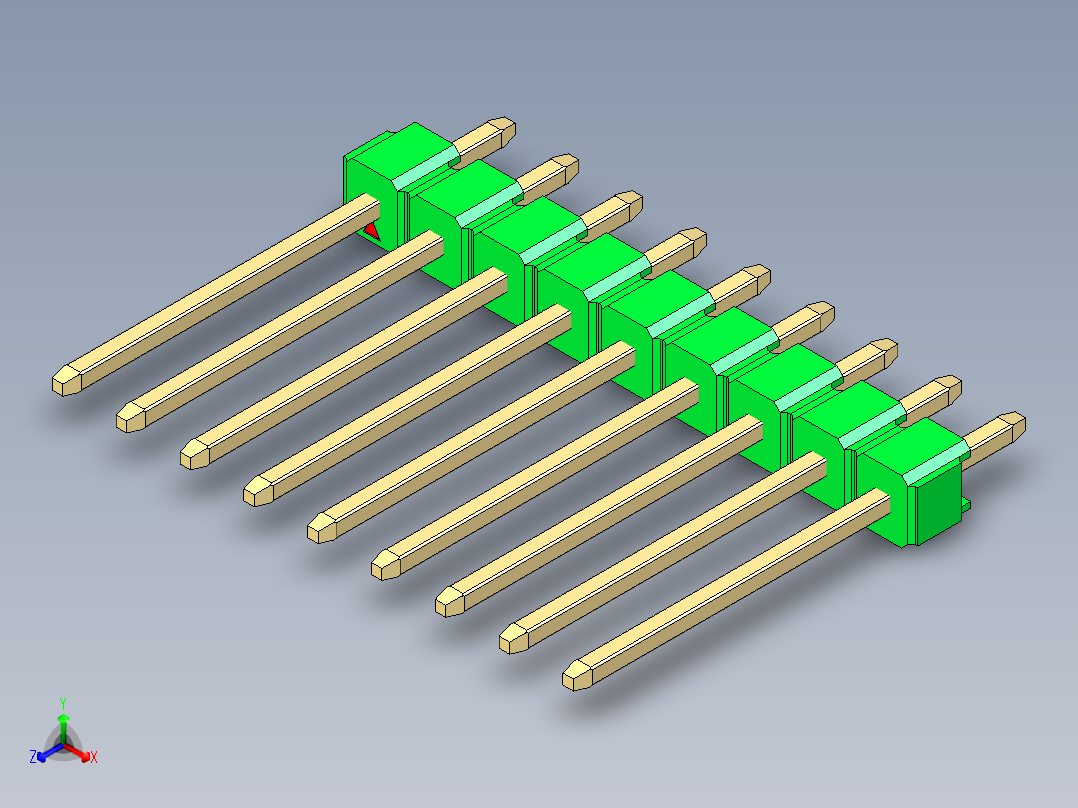 彩色公头100mil（2.54mm）系列-DS1021_green_1x09p_100mil_Type5_rev1.0正等轴测图