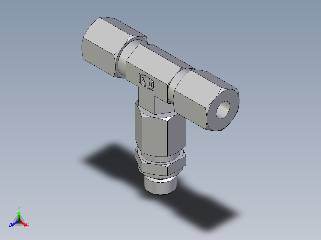 卡套式工业通用硬管接头EO_Assembled_adjustable_standpipe_branch_tee_EVT06LM71正等轴测图