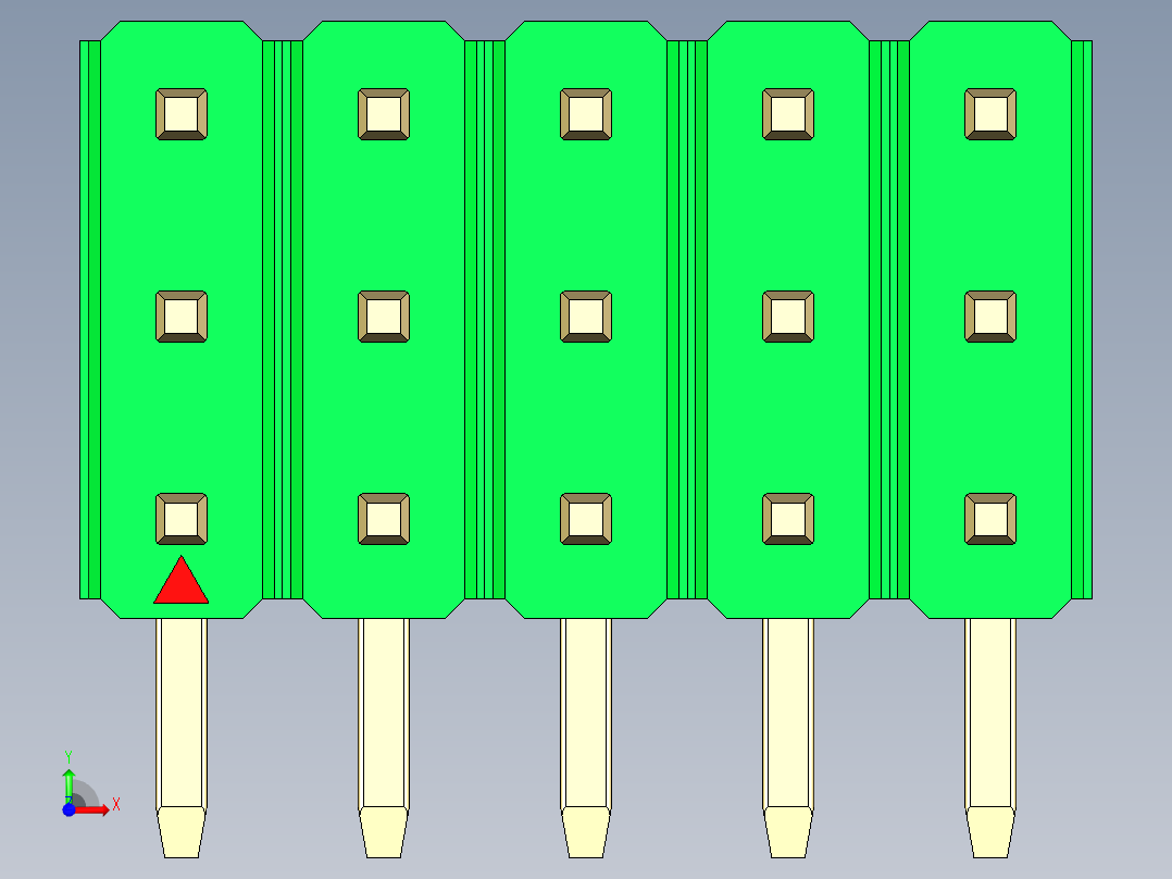 彩色公排针 100mil 2.54mm 系列-DS1022_green_3x05p_100mil_TypeD_rev1.0前视图