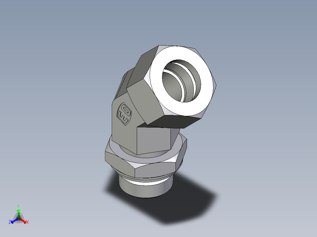 卡套式工业通用硬管接头EO_Adjustable_locknut_45_deg_elbow_VEE22ZLRCF正等轴测图