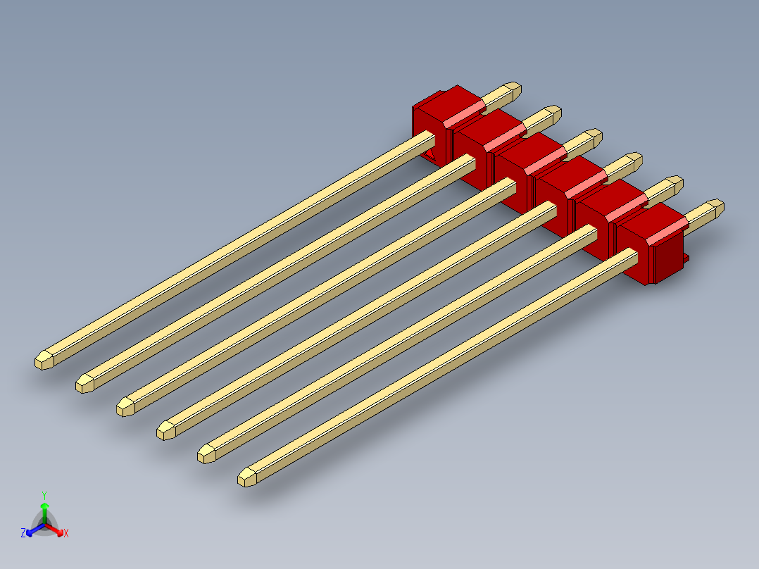 彩色公头100mil（2.54mm）系列-DS1021_red_1x06p_100mil_Type43_rev1.0正等轴测图