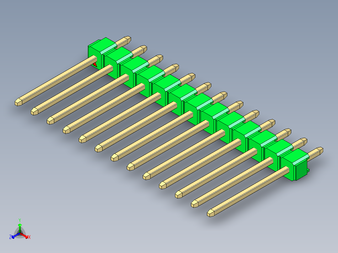 彩色公头100mil（2.54mm）系列-DS1021_green_1x13p_100mil_Type5_rev1.0正等轴测图