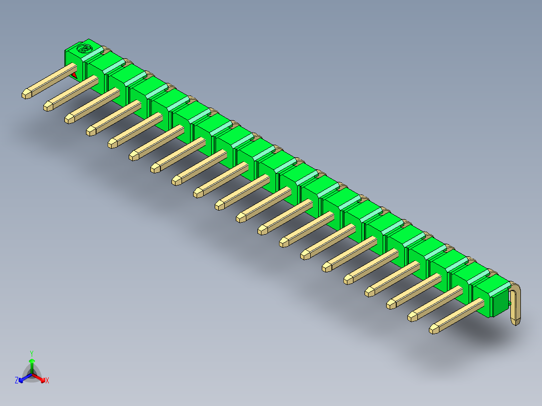 彩色公排针 100mil 2.54mm 系列-DS1022_green_1x20p_100mil_TypeD_rev1.0正等轴测图