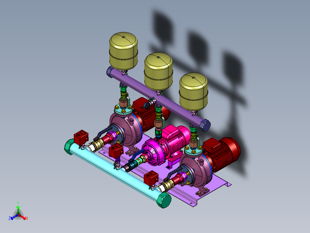 卧式电动泵增压器套件正等轴测图