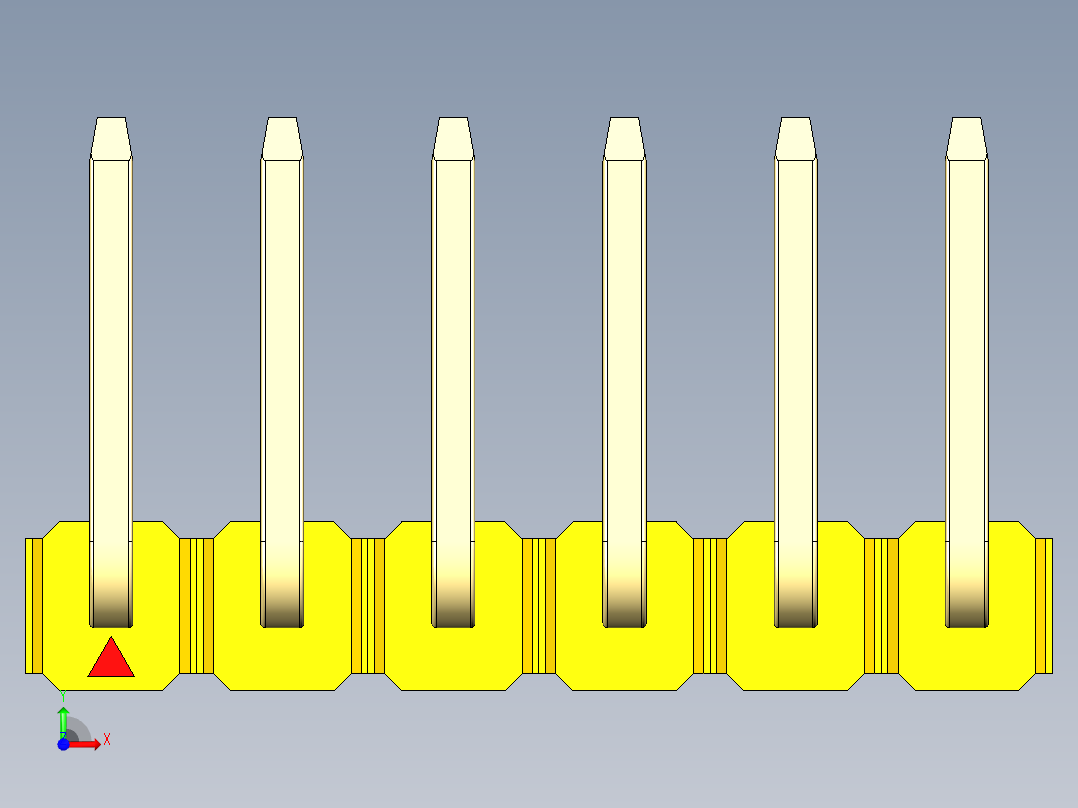 彩色公排针 100mil 2.54mm 系列-DS1022_yellow_06p_100mil_TypeU_rev1.0前视图