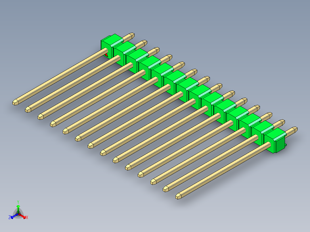 彩色公头100mil（2.54mm）系列-DS1021_green_1x14p_100mil_Type19_rev1.0正等轴测图