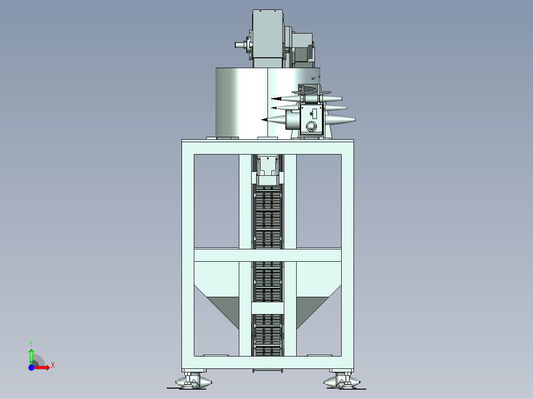 振动盘与输送链板组合的给料机前视图