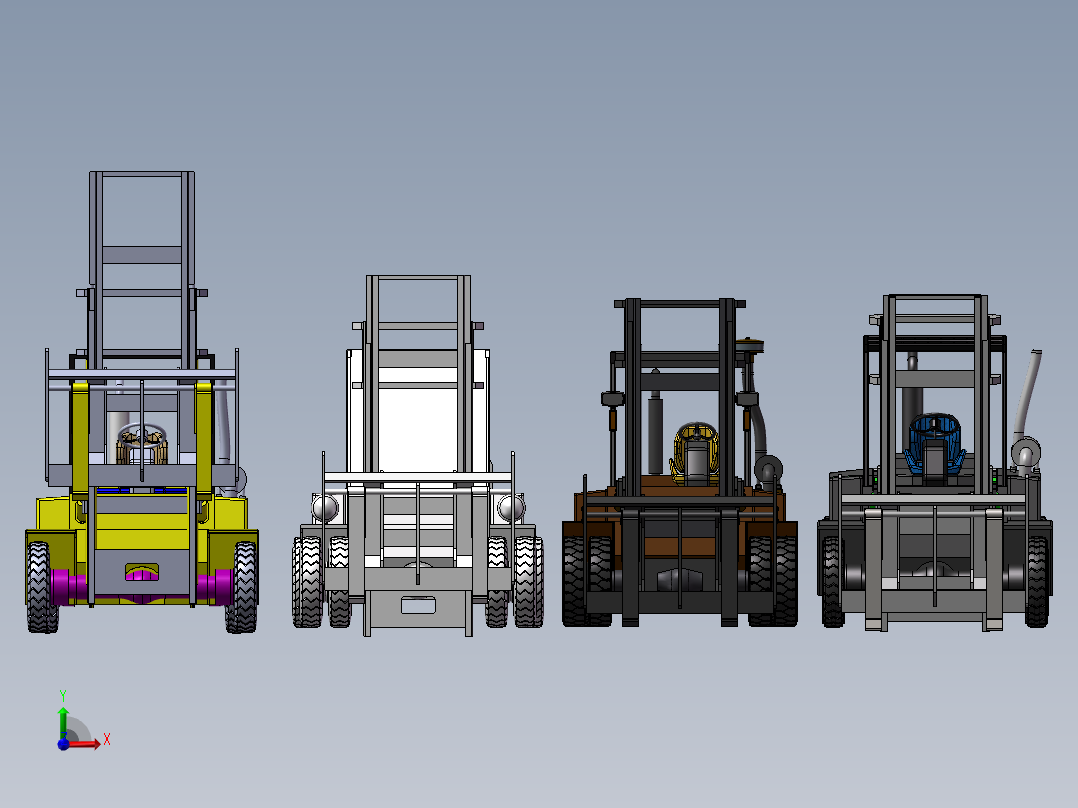6款自动叉车3d图打包液压叉车solidworks三维模型图叉车图纸资料前视图