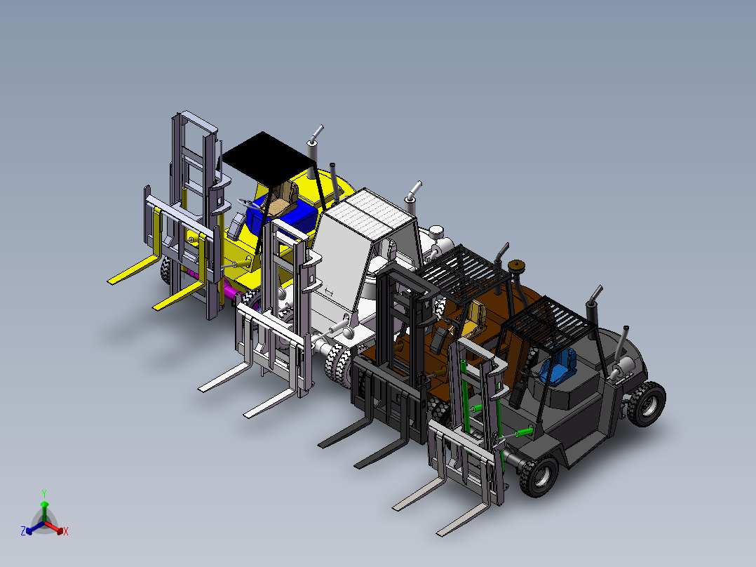6款自动叉车3d图打包液压叉车solidworks三维模型图叉车图纸资料正等轴测图