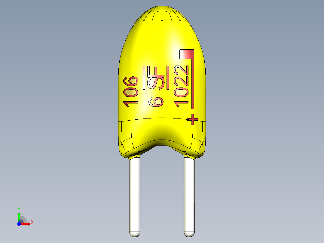 径向浸渍钽通孔电容器。车身尺寸。间距导程为2.54毫米。三根导线长度分别为12毫米、4毫米和3.5毫米前视图