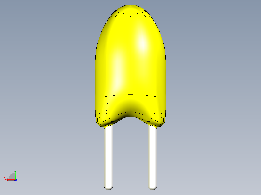 径向浸渍钽通孔电容器。车身尺寸。间距导程为2.54毫米。三根导线长度分别为12毫米、4毫米和3.5毫米后视图