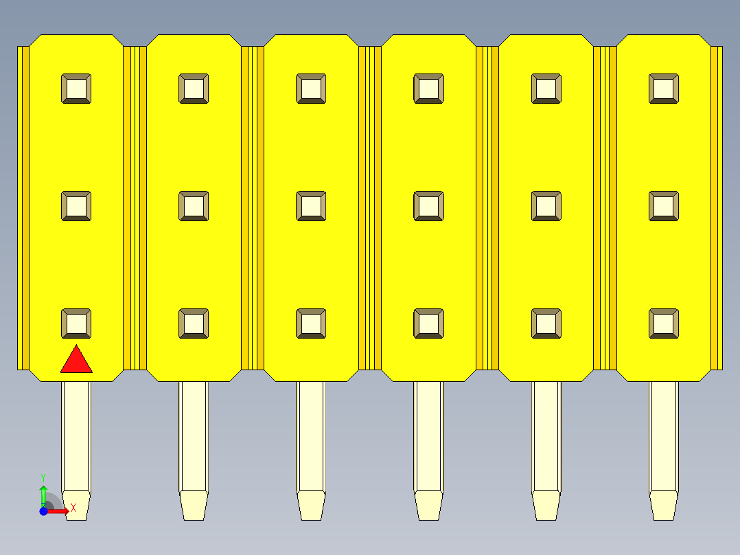彩色公排针 100mil 2.54mm 系列-DS1022_yellow_3x06p_100mil_TypeD_rev1.0前视图