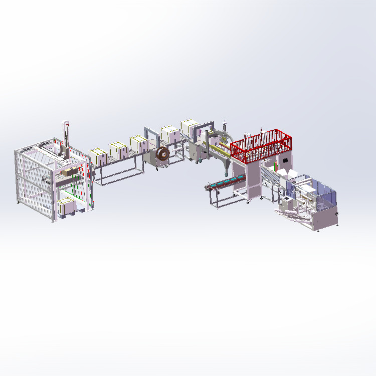 包装设备产线3d图纸开箱装箱打包捆扎码垛等整线流水线3d方案