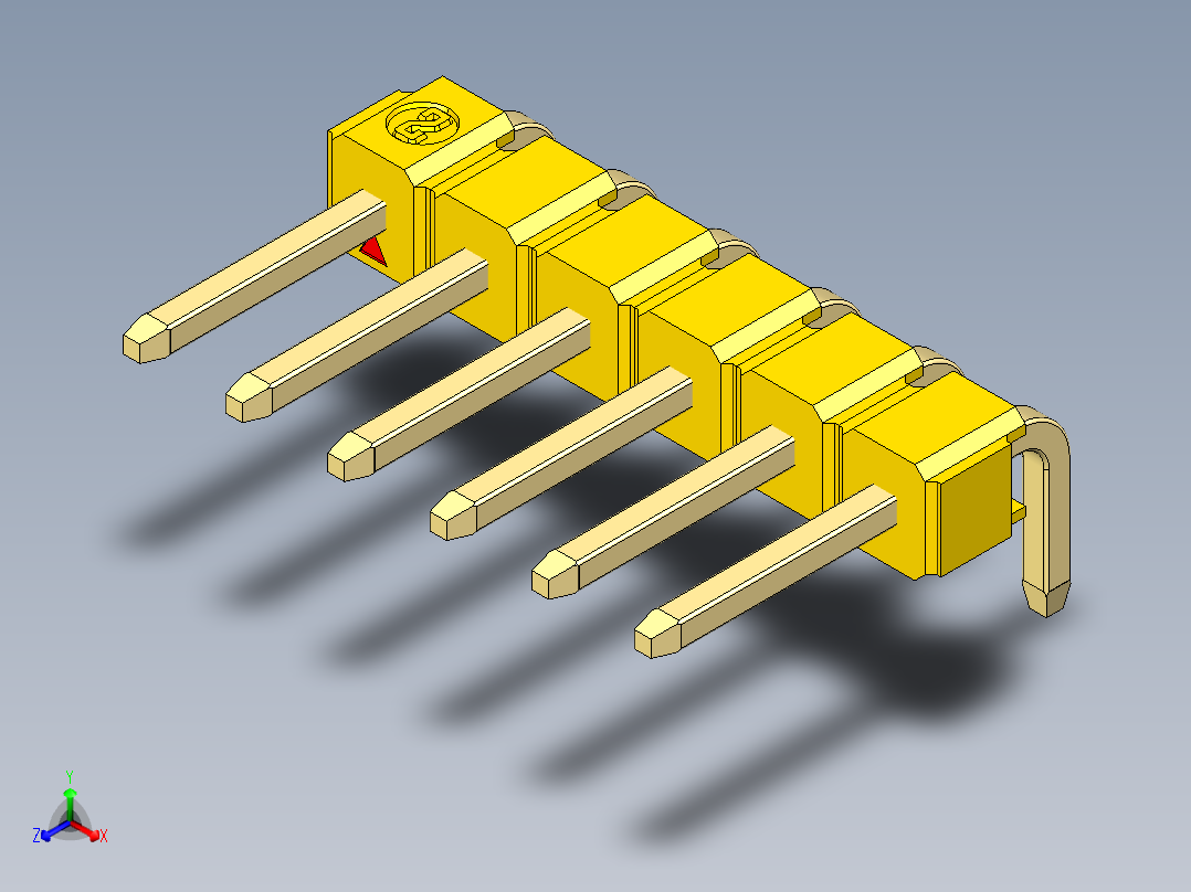 彩色公排针 100mil 2.54mm 系列-DS1022_yellow_1x06p_100mil_TypeD_rev1.0正等轴测图
