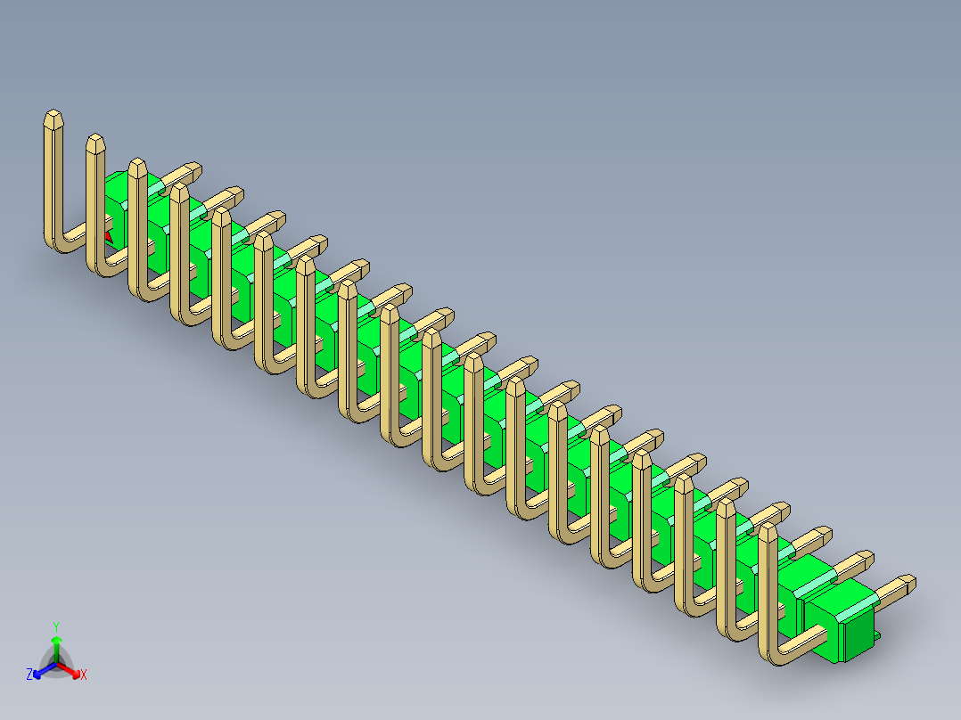 彩色公排针 100mil 2.54mm 系列-DS1022_green_18p_100mil_TypeU_rev1.0正等轴测图
